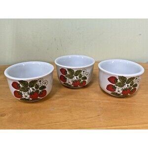 Set of 3 McCoy Strawberry Country Custard Cups Ramekins Ceramic Stoneware Rustic